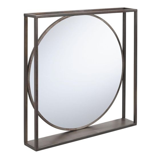 Настенное зеркало в квадратной раме с полочкой из массива дерева