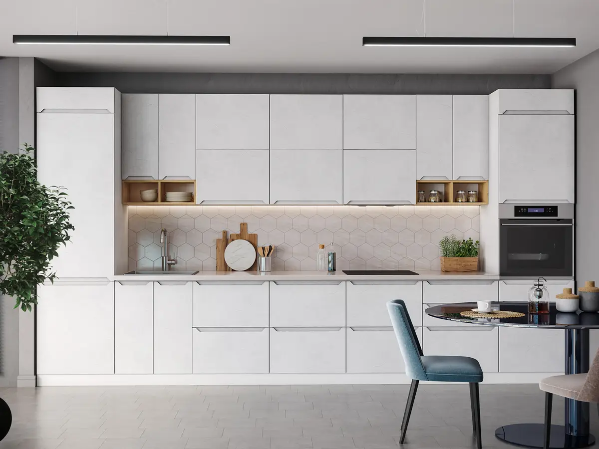 Купить прямую белую кухню со скрытыми ручками в стиле минимализм в Днепре под заказ